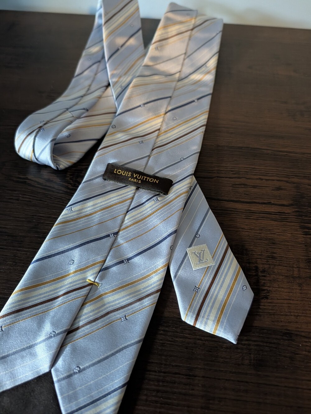 Louis Vuitton Light Blue Silk Tie with Gold and Navy Stripes